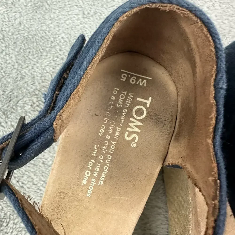 TOMS Wedge Sandals Womens 9.5‎ Navy Blue White Striped Good Espadrille Canvas